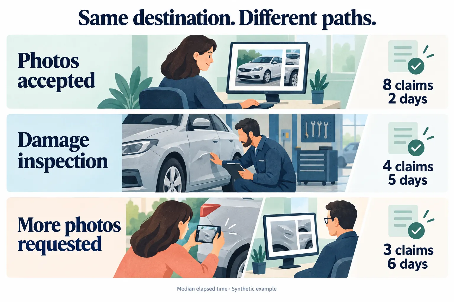 Three illustrated insurance claim routes: photos accepted, a damage inspection, and a request for more photos. Their median elapsed times are two, five, and six days.