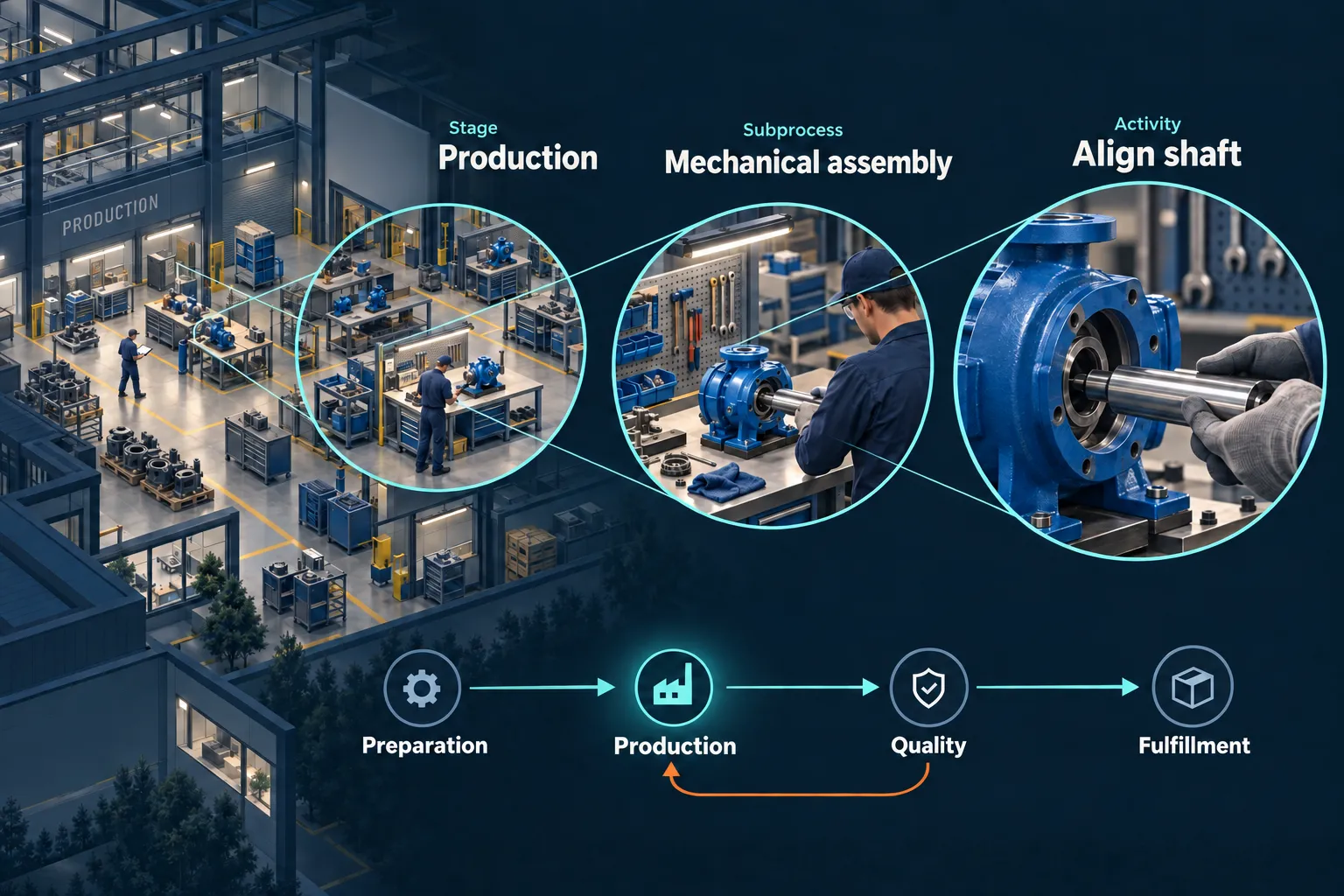 Illustrated pump factory showing three levels of detail: the Production stage, its Mechanical assembly subprocess, and the Align shaft activity.