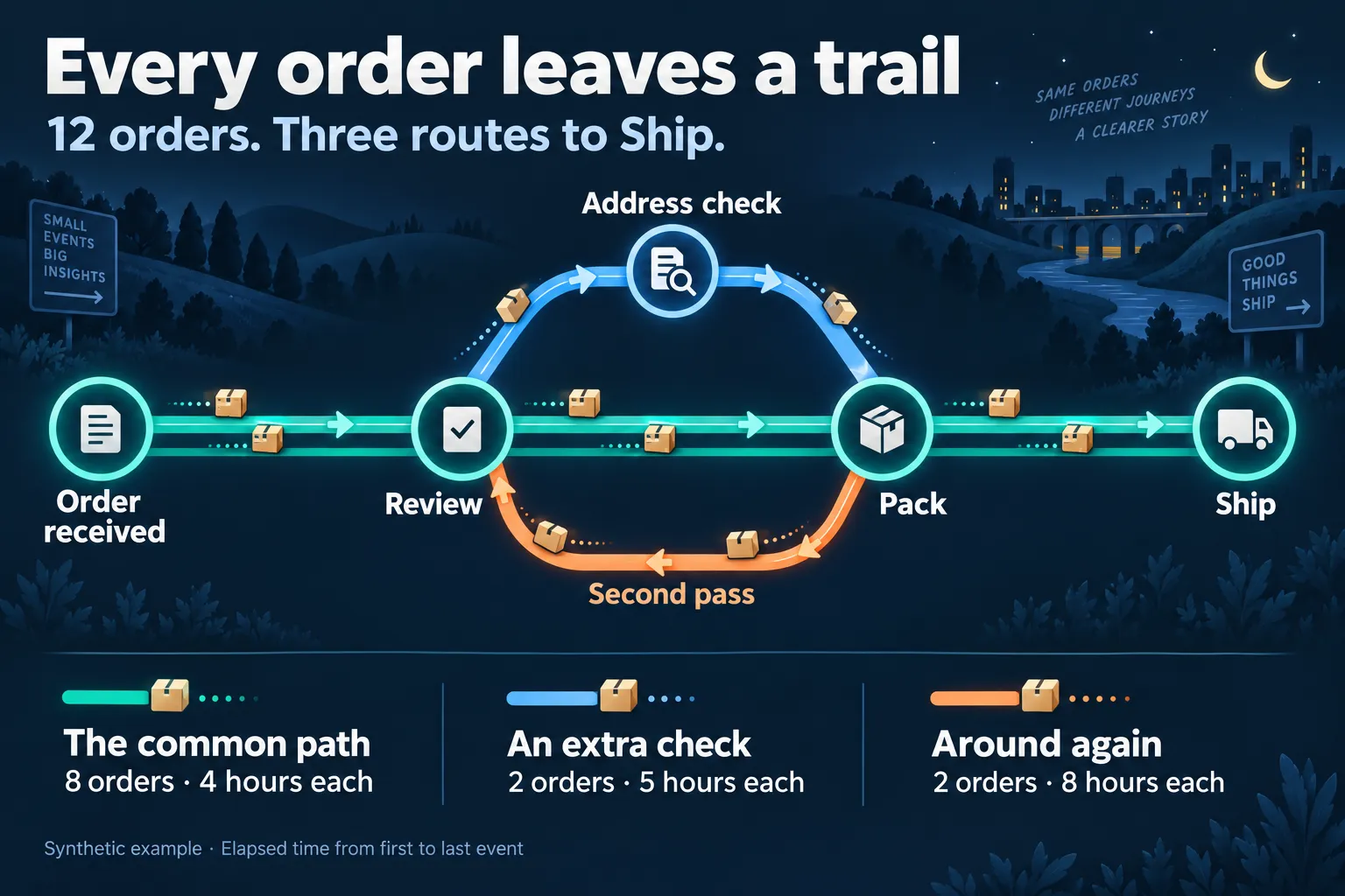 Transit-map infographic showing a common order route, an Address check detour, and an orange return loop from Pack to Review.
