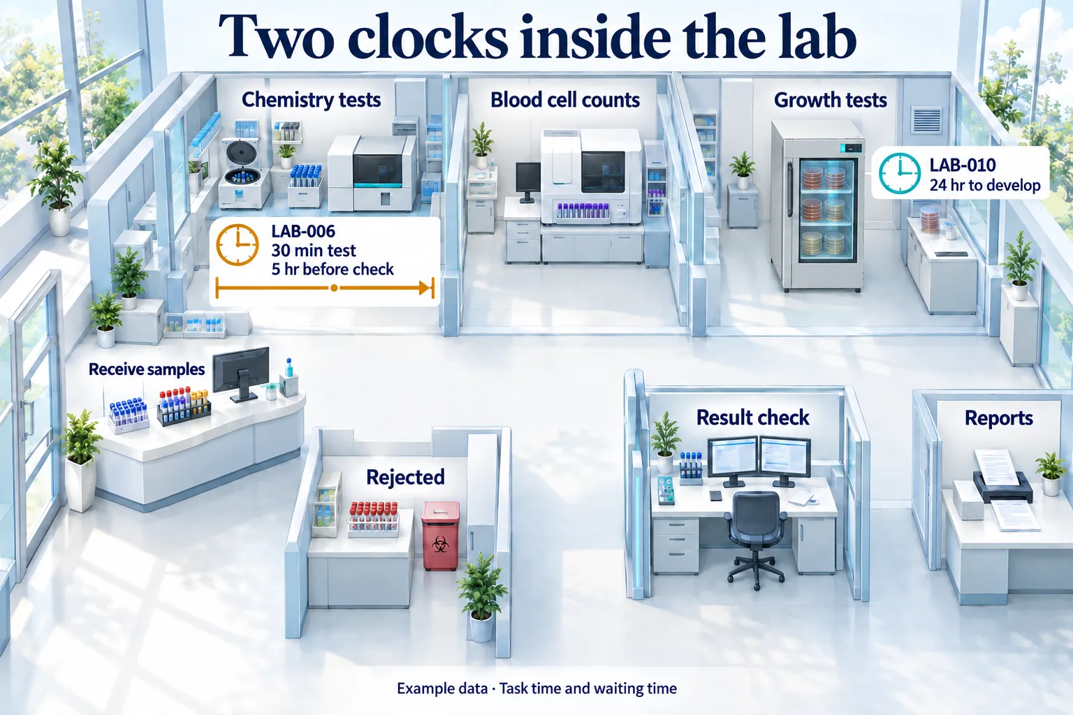 Illustrated lab with three testing areas and a shared result-checking area. One test takes thirty minutes, then waits five hours for a check; another takes twenty-four hours to develop.