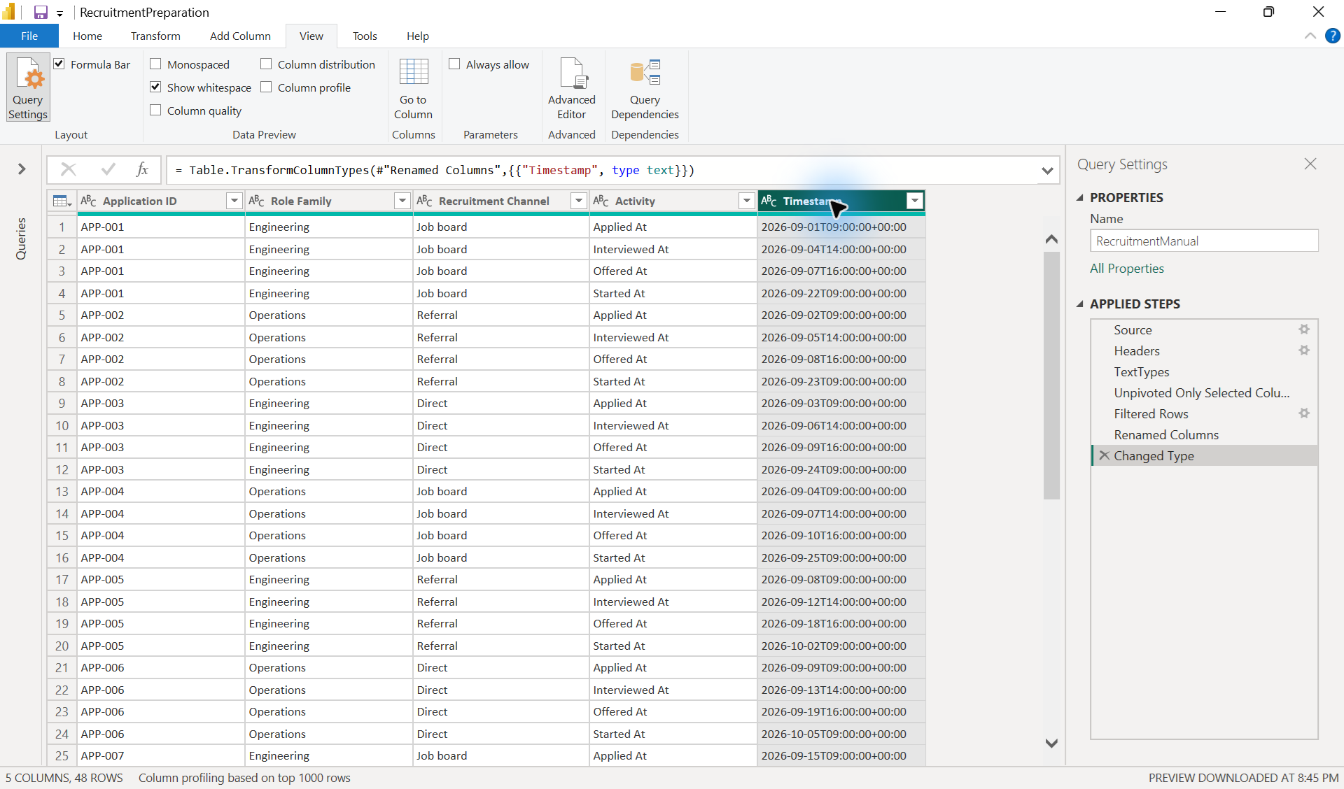 Power Query with Application ID, Role Family, Recruitment Channel, Activity, and Timestamp columns after renaming; activity labels still end in At.