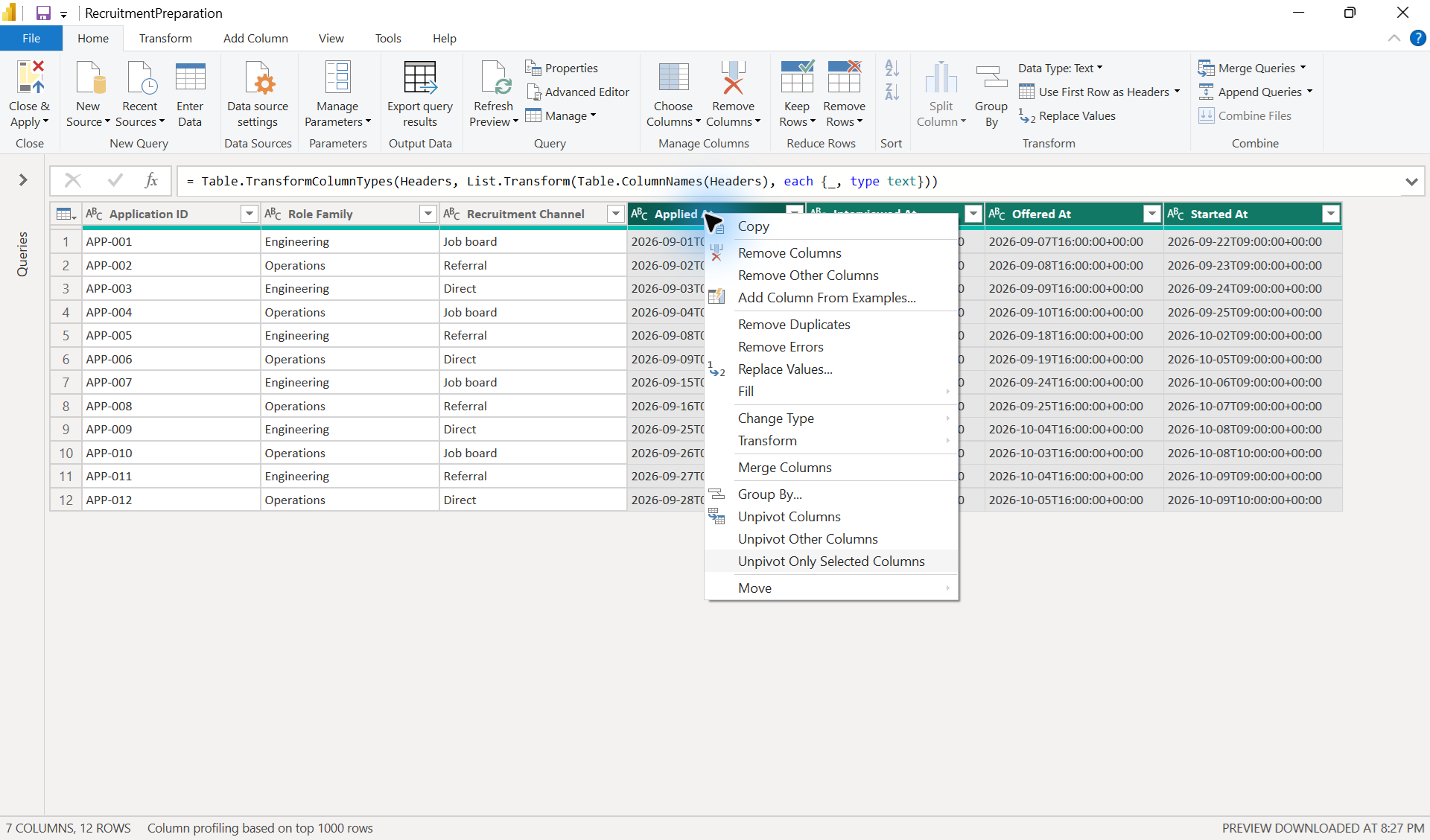 Power Query with Applied At, Interviewed At, Offered At, and Started At selected and the Unpivot Only Selected Columns command highlighted.